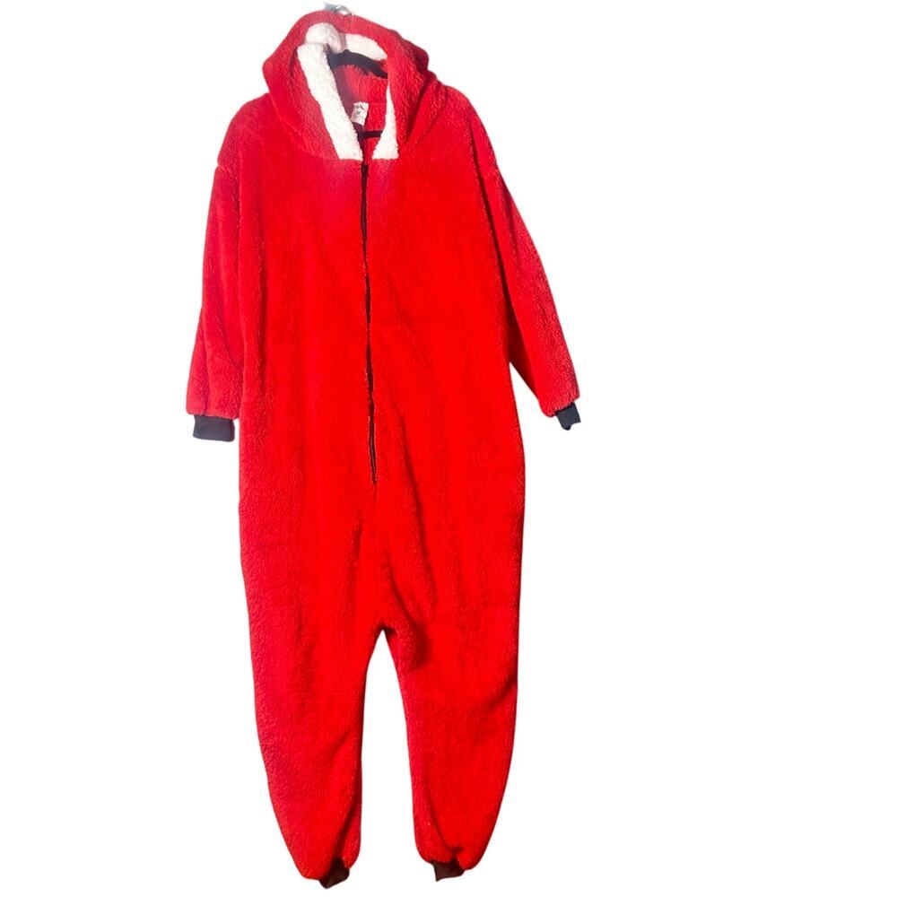 Santa One Piece With Gloves & Bag Unisex‎ M Red Full Zip Shaggy Hooded Xmas